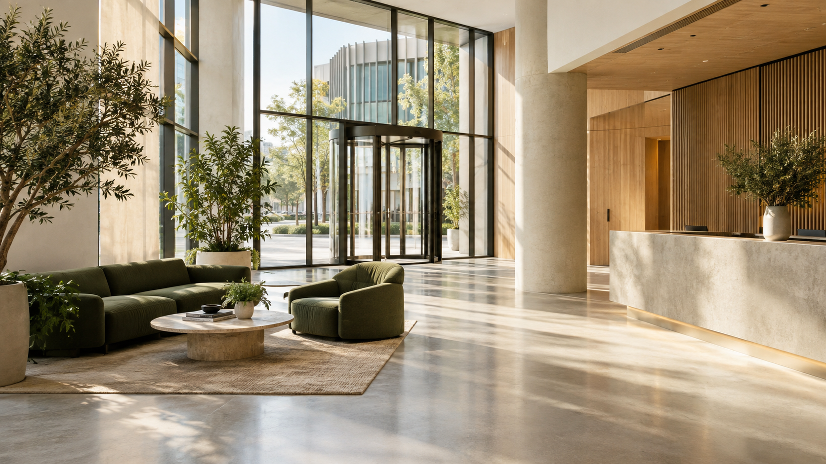 Illustrative contemporary commercial foyer with natural light, pale oak and green seating